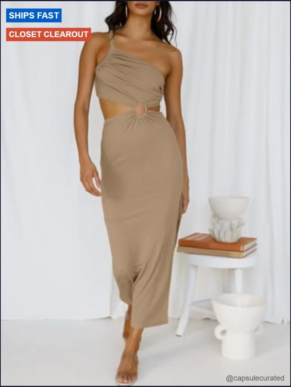 One Shoulder Maxi Dress Sleeveless Cutout Bodycon Party - Picture 4 of 7